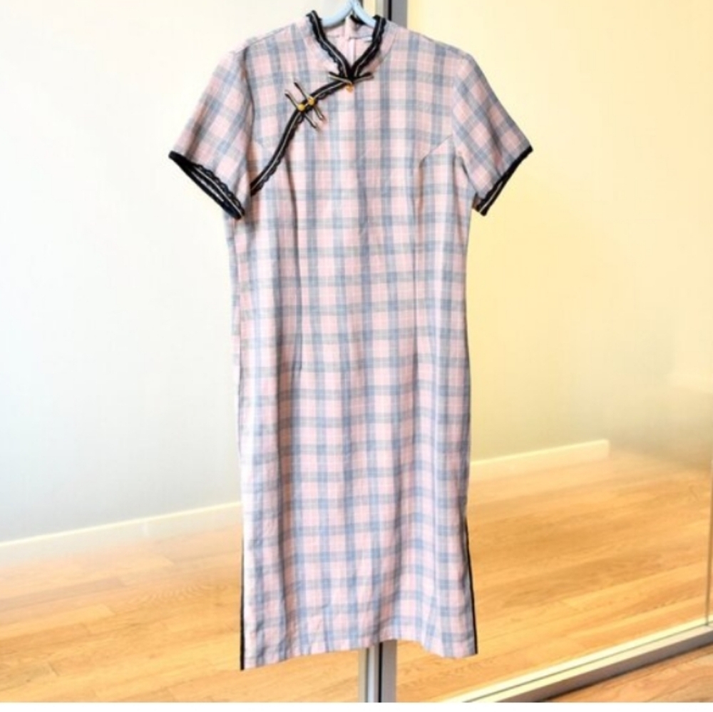 Pink Plaid Lace-Trim Qipao Dress